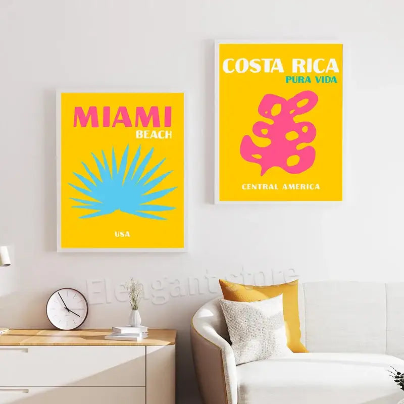 Vibrant pink and yellow miami bondi ibiza travel posters bedroom art