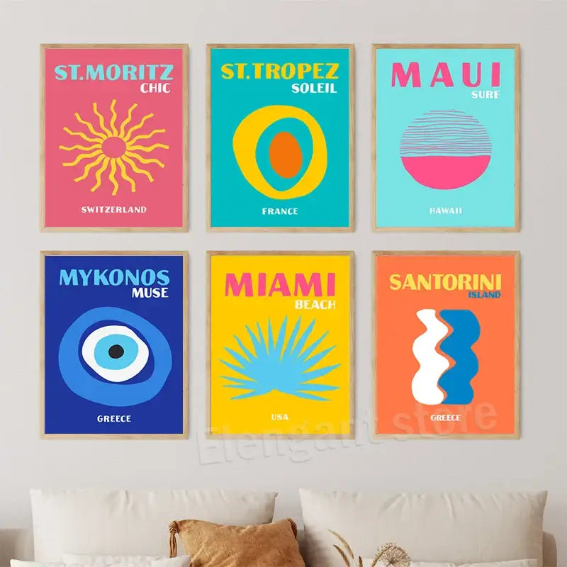 Retro pink and teal bali indonesia travel posters art bedroom decor