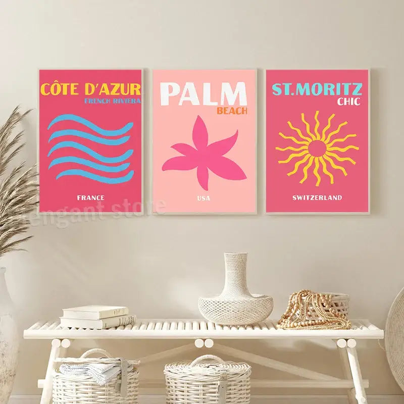 Retro pink and teal bali indonesia travel posters art bedroom decor