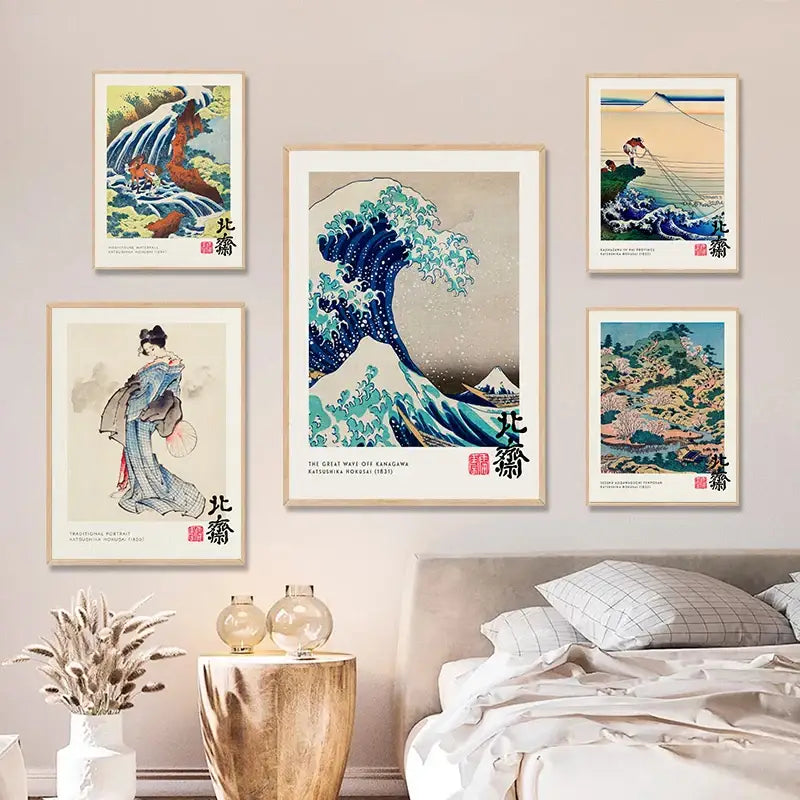 Vintage hokusai great wave painting print set living room wall art