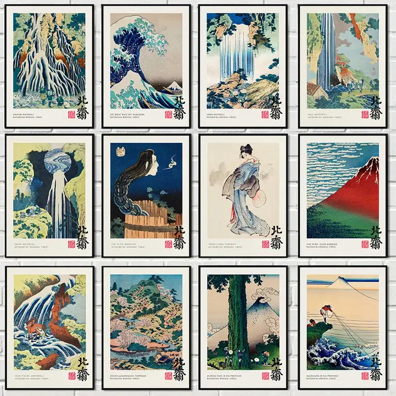 Vintage hokusai great wave painting print set living room wall art