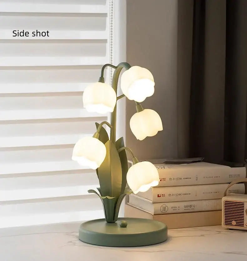 Vintage floral table lamp sage green & gold – bedroom lily light