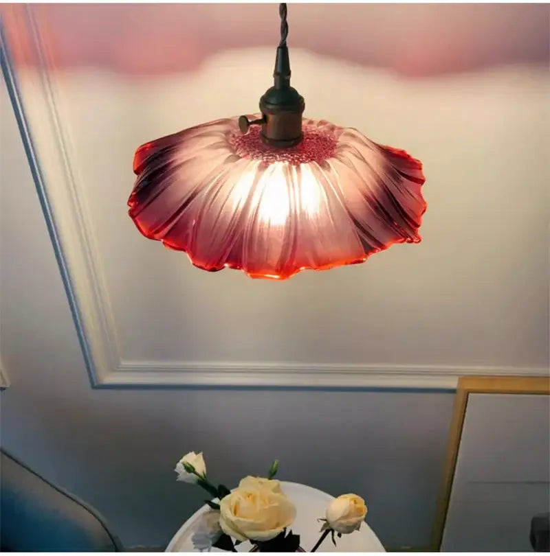 Vintage pink green and white flower glass pendant lights dining room