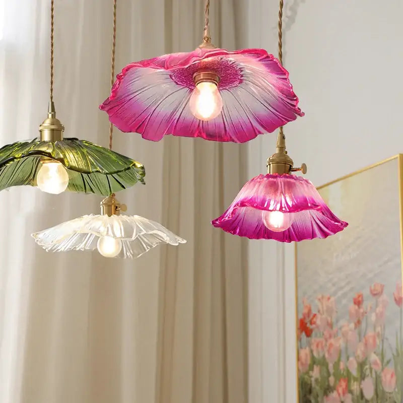 Vintage pink green and white flower glass pendant lights dining room