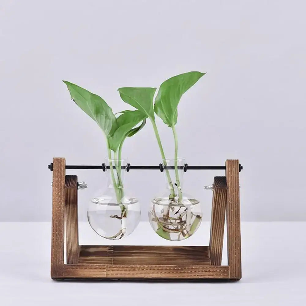 Vintage glass hydroponic plant vase living room triangular wood stand