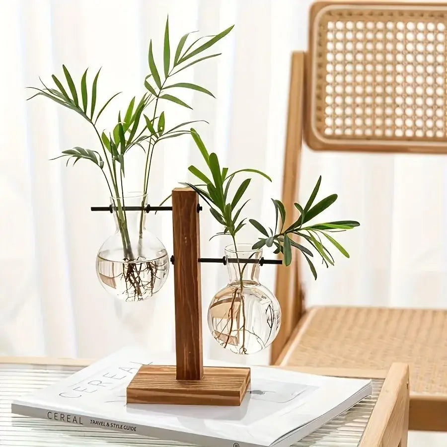 Vintage wood and two bulb vases desktop office plant propagation station