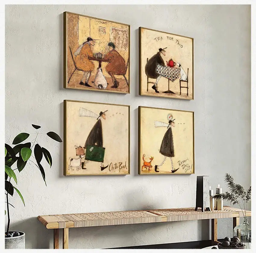 Whimsical abstract rainbow dog canvas wall art for living room
