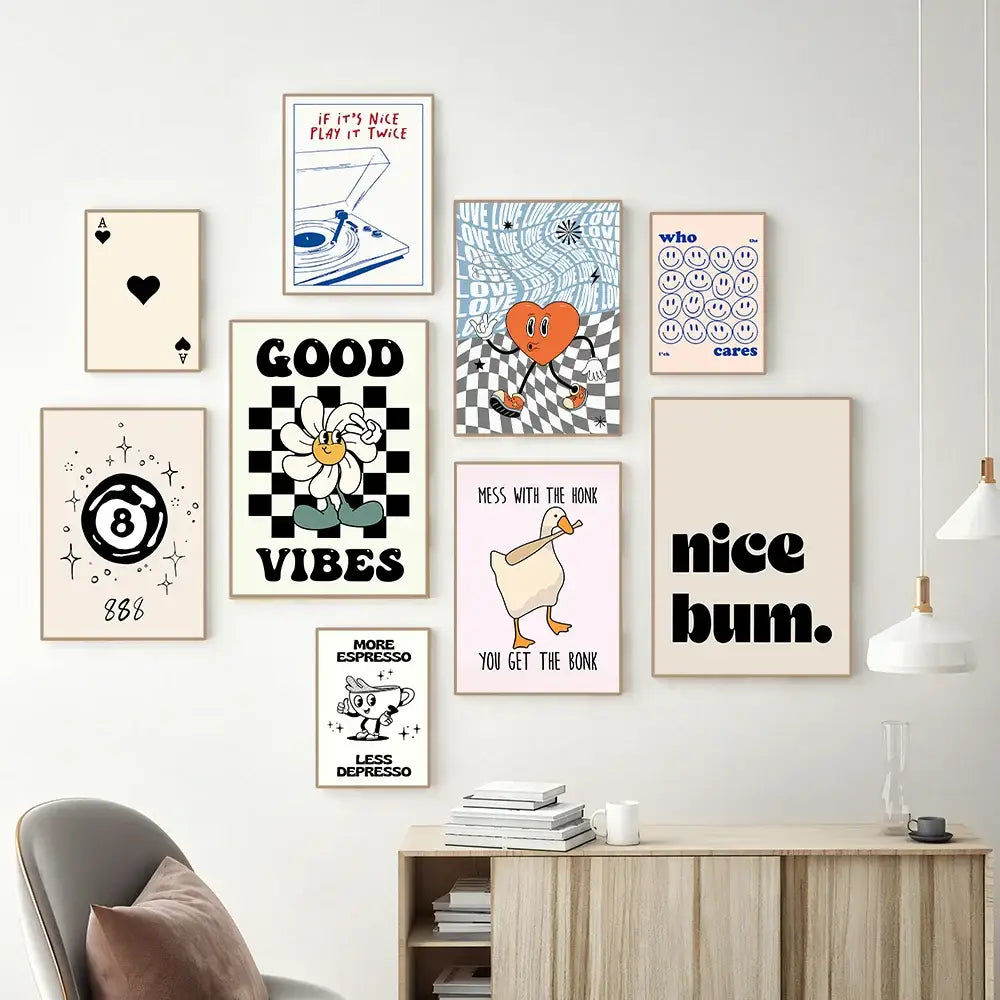 Vintage pink cartoon print mushroom wall art bedroom poster