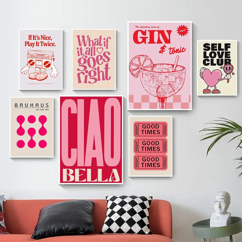 Vintage pink cartoon print homebody club canvas bedroom wall art