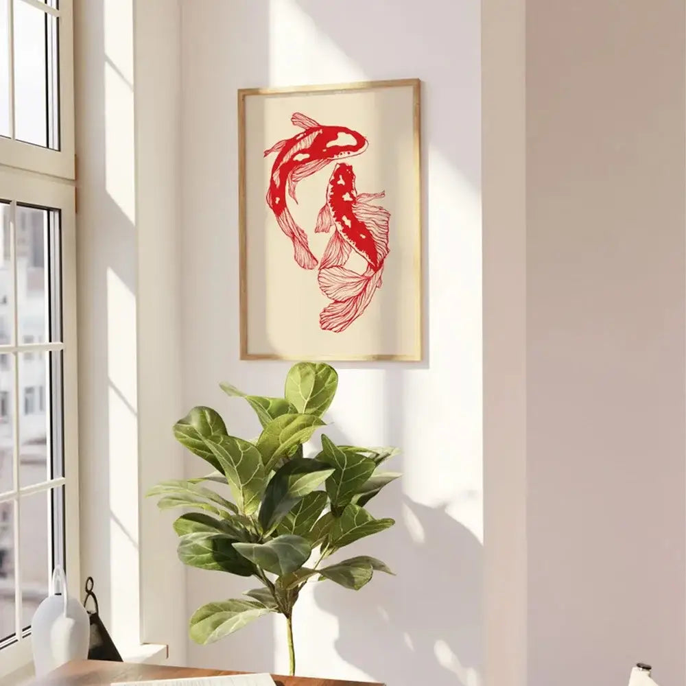 Vintage red koi fish framed canvas wall art for living room