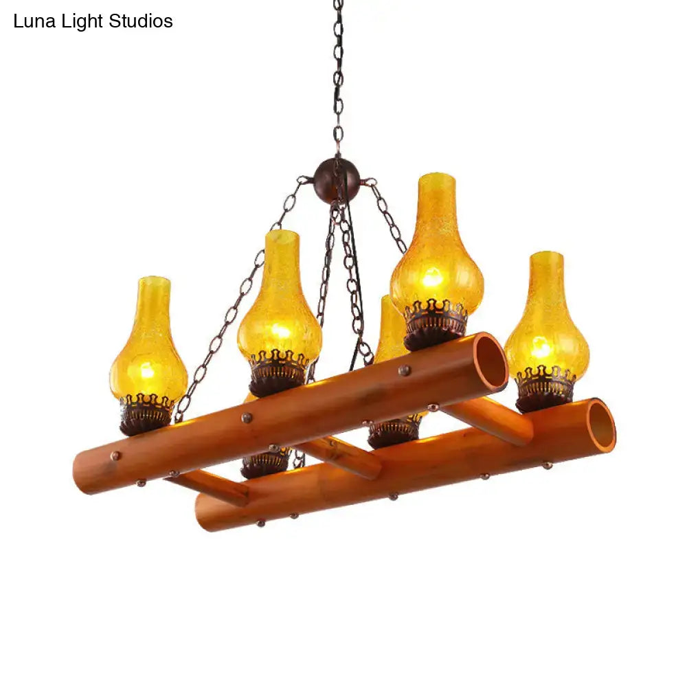 Vintage yellow crackle glass pendant light – kitchen bamboo ladder