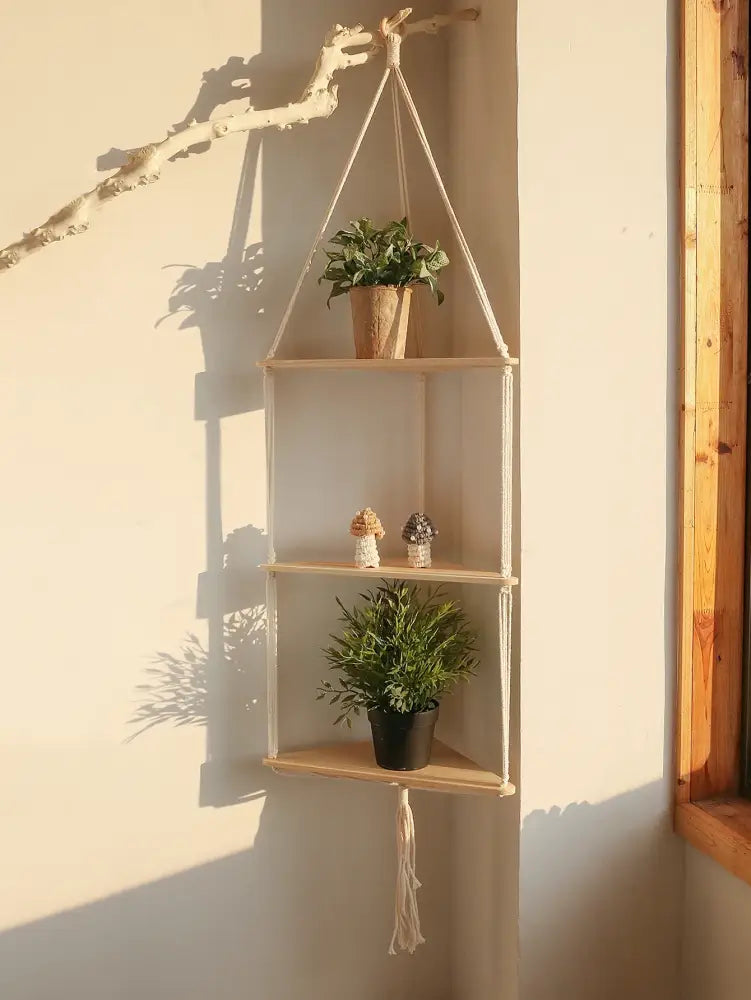 Boho black wooden corner shelf living room macrame wall decor