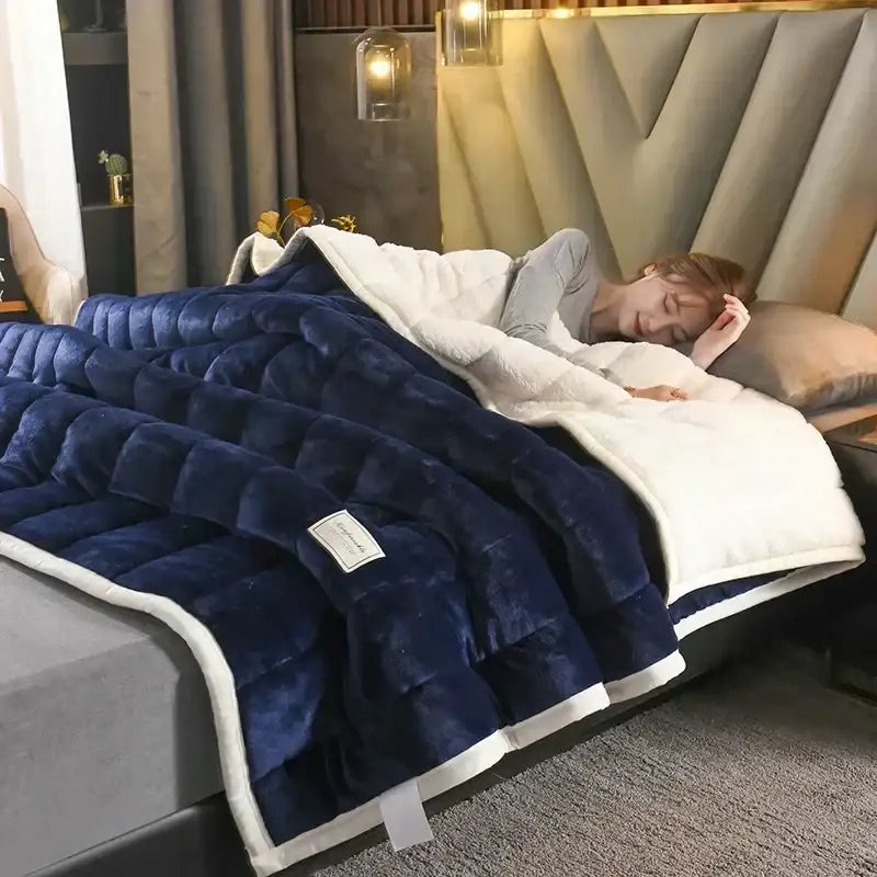 Deep blue and white cozy flannel fleece bedroom quilt