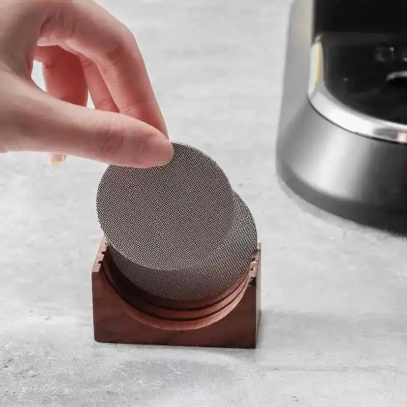 Denim blue & black coasters with espresso puck screen kitchen holder