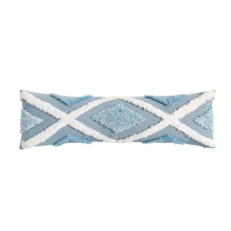 Diamond tufted blue and white cushion cover living room with tassels