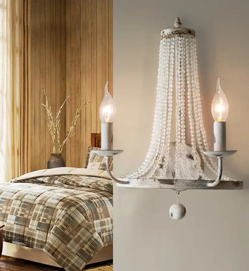 Distressed white crystal tassel wall lamp bedroom candle light