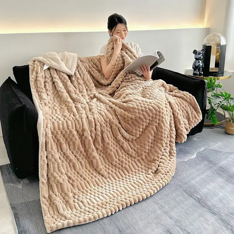 Double layer lamb plush throw blanket bedroom soft textured fleece