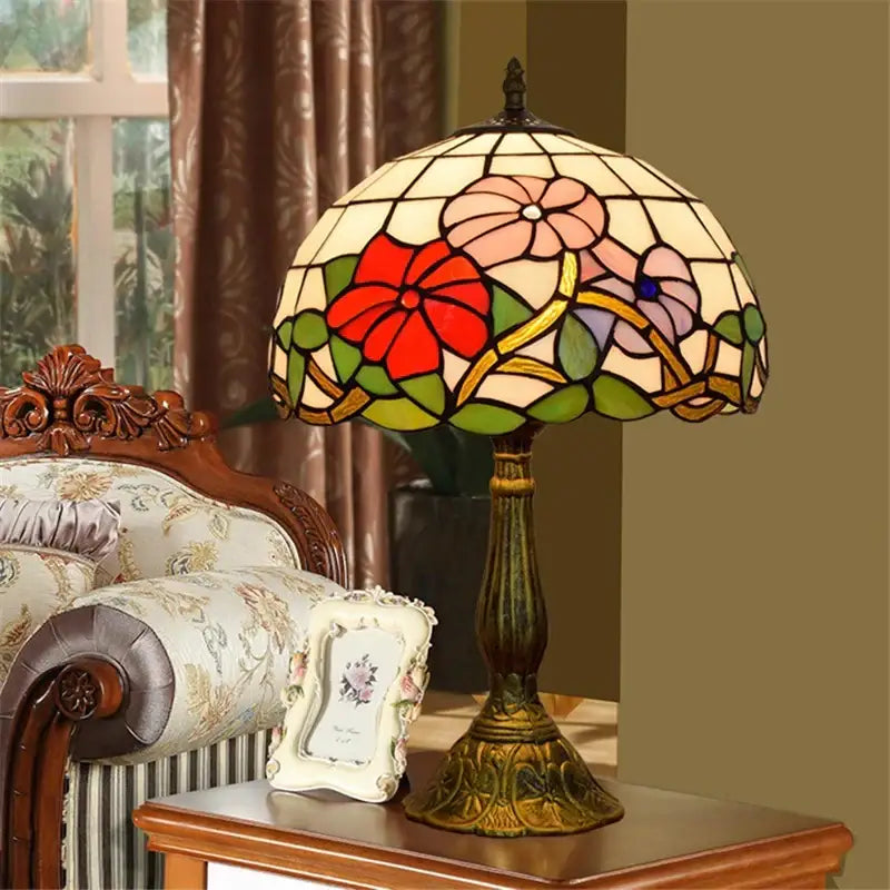 Dragonfly tiffany stained glass table lamp bedroom floral brass base