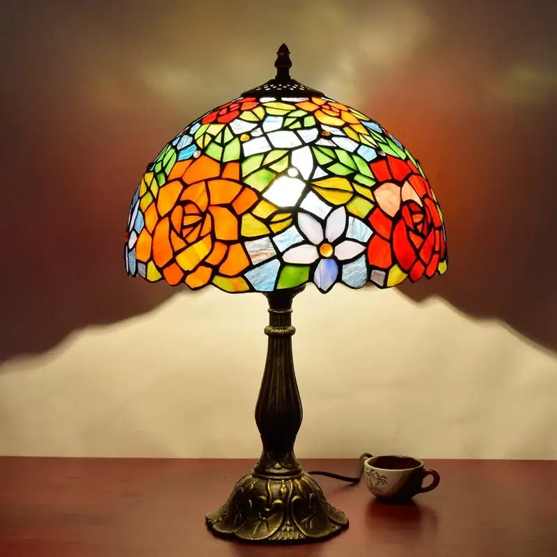 Dragonfly tiffany stained glass table lamp bedroom floral brass base