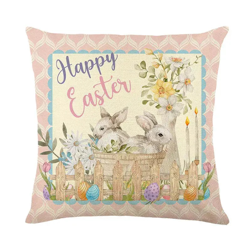 Easter bunny rabbit linen cushion cover – living room floral pillow