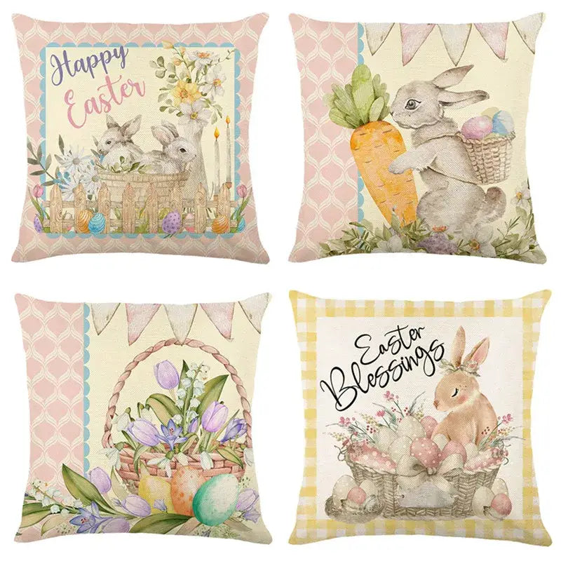 Easter bunny rabbit linen cushion cover – living room floral pillow