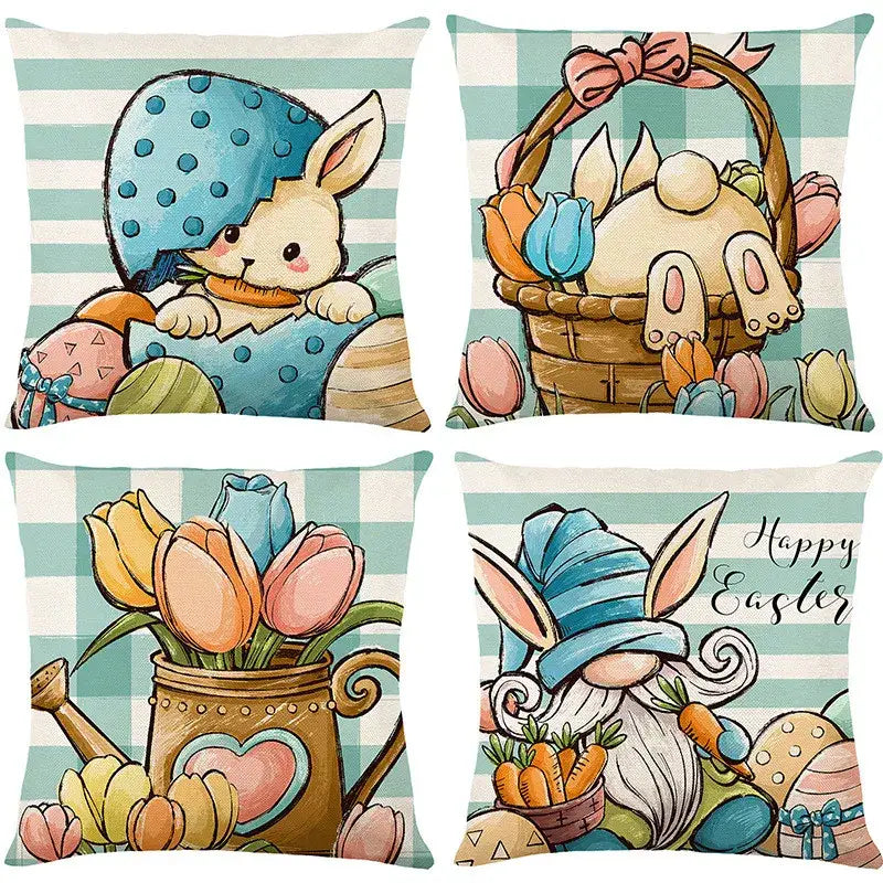 Easter bunny rabbit linen cushion cover – living room floral pillow