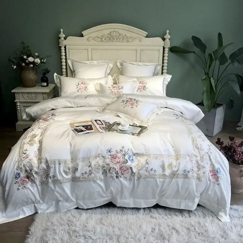 Egyptian cotton white embroidery bedding set bedroom linens