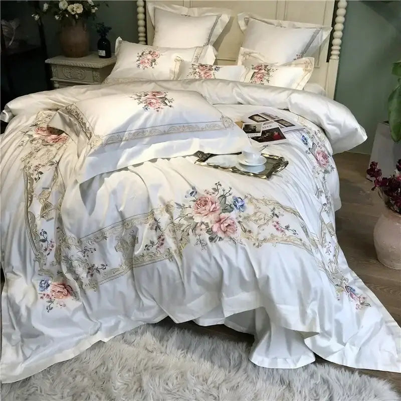 Egyptian cotton white embroidery bedding set bedroom linens