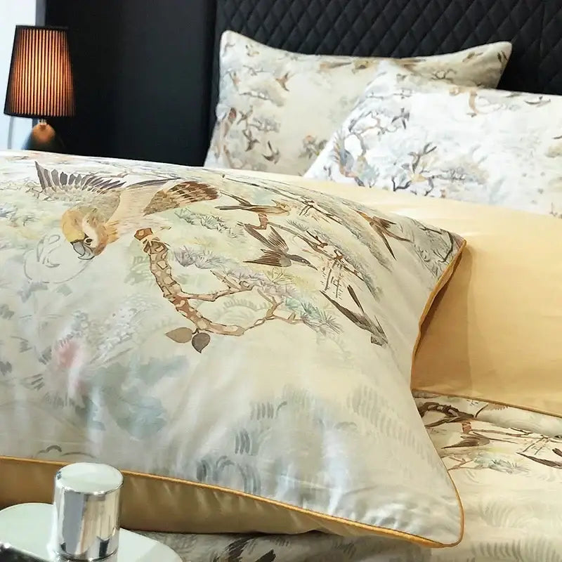 Elegant bird floral cream bedding set bedroom colorful egyptian cotton