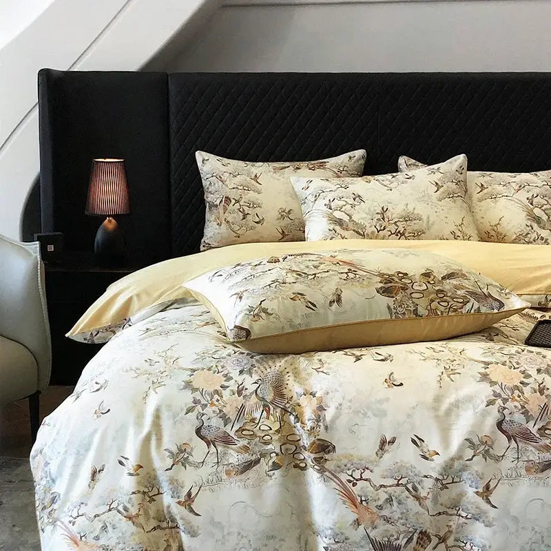 Elegant bird floral cream bedding set bedroom colorful egyptian cotton