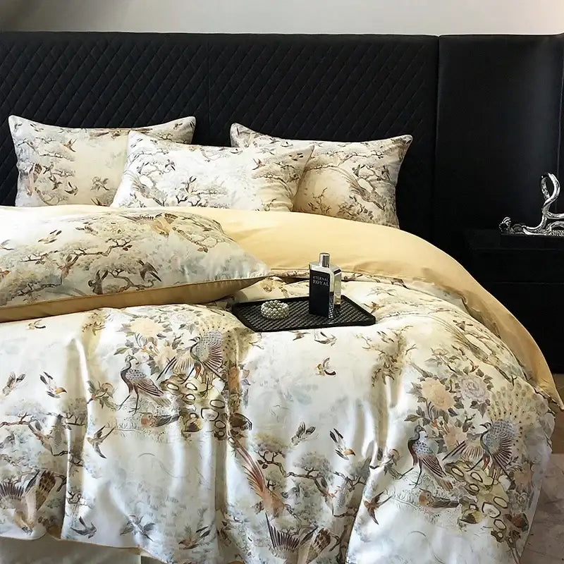 Elegant bird floral cream bedding set bedroom colorful egyptian cotton