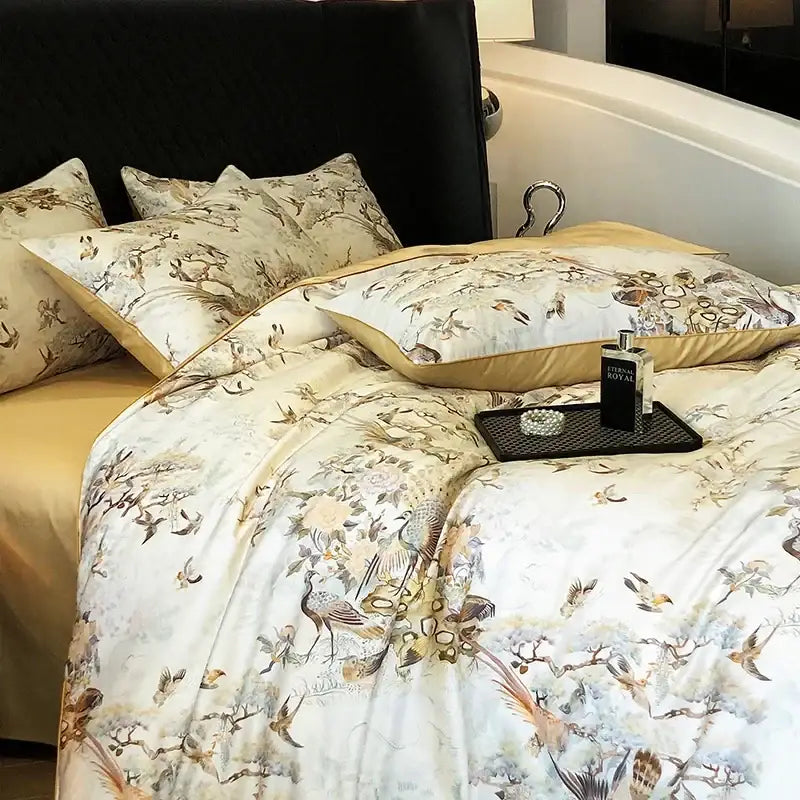 Elegant bird floral cream bedding set bedroom colorful egyptian cotton