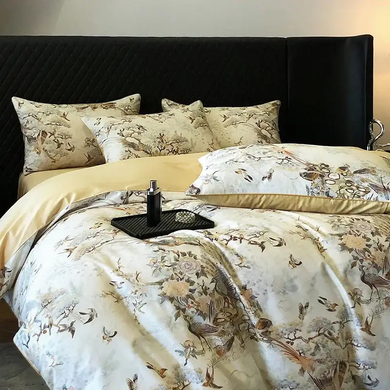 Elegant bird floral cream bedding set bedroom colorful egyptian cotton