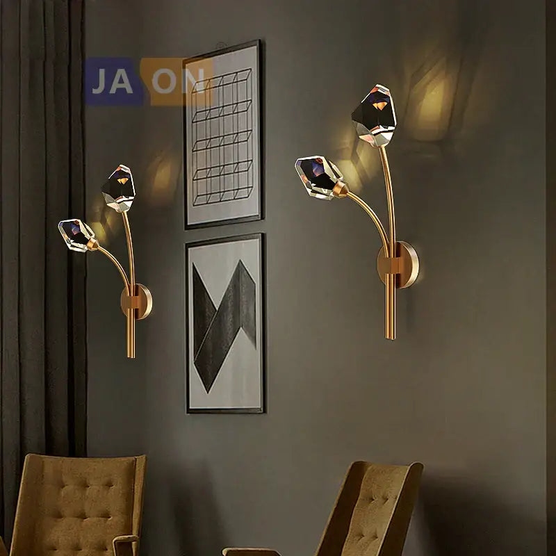 Elegant black and gold crystal stone wall sconce bedroom lamp
