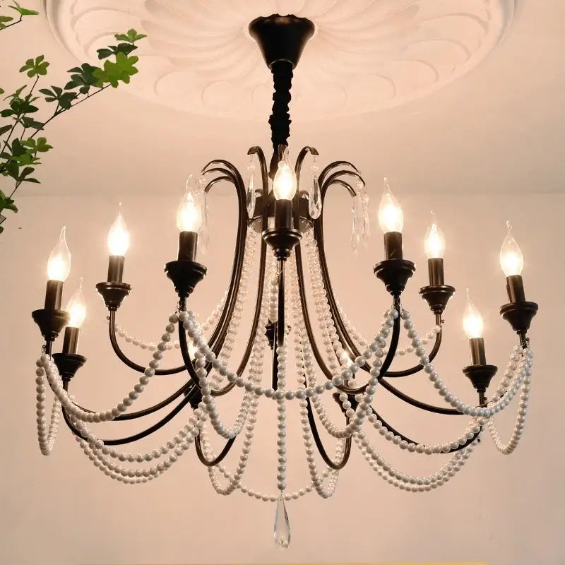 Elegant black crystal chandelier pearl pendant light for living room