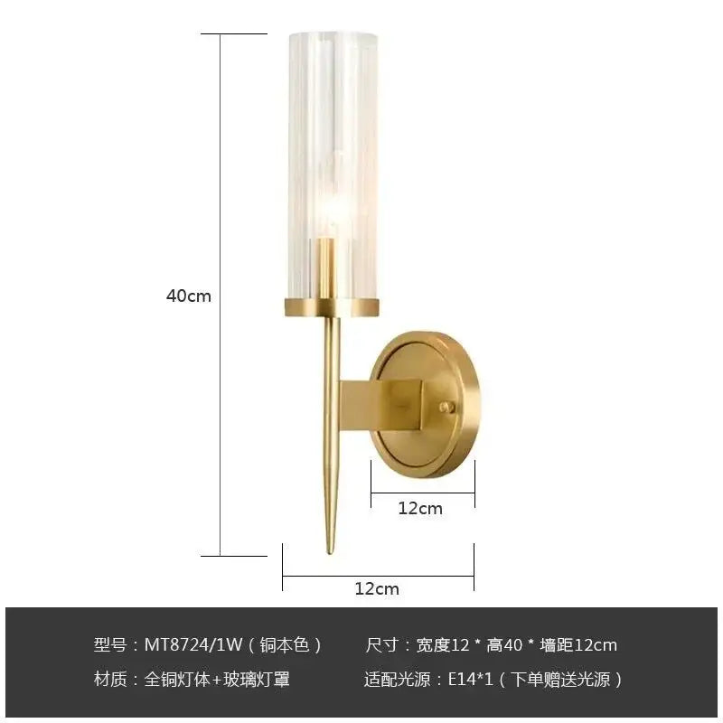 Elegant brass & black glass tube wall sconce living room light