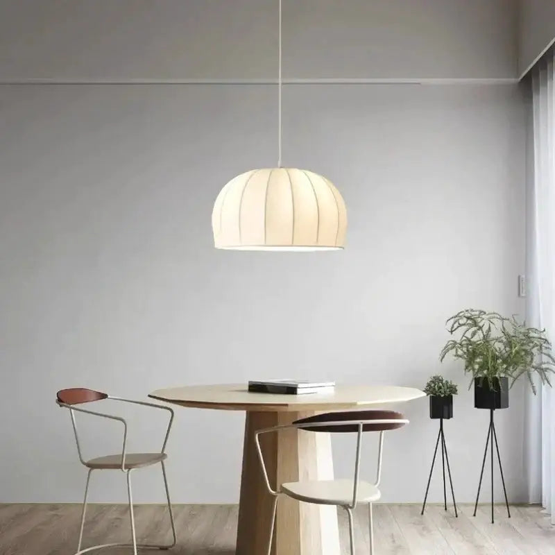 Elegant cream ribbed silk pendant light for dining room