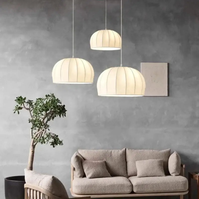 Elegant cream ribbed silk pendant light for dining room