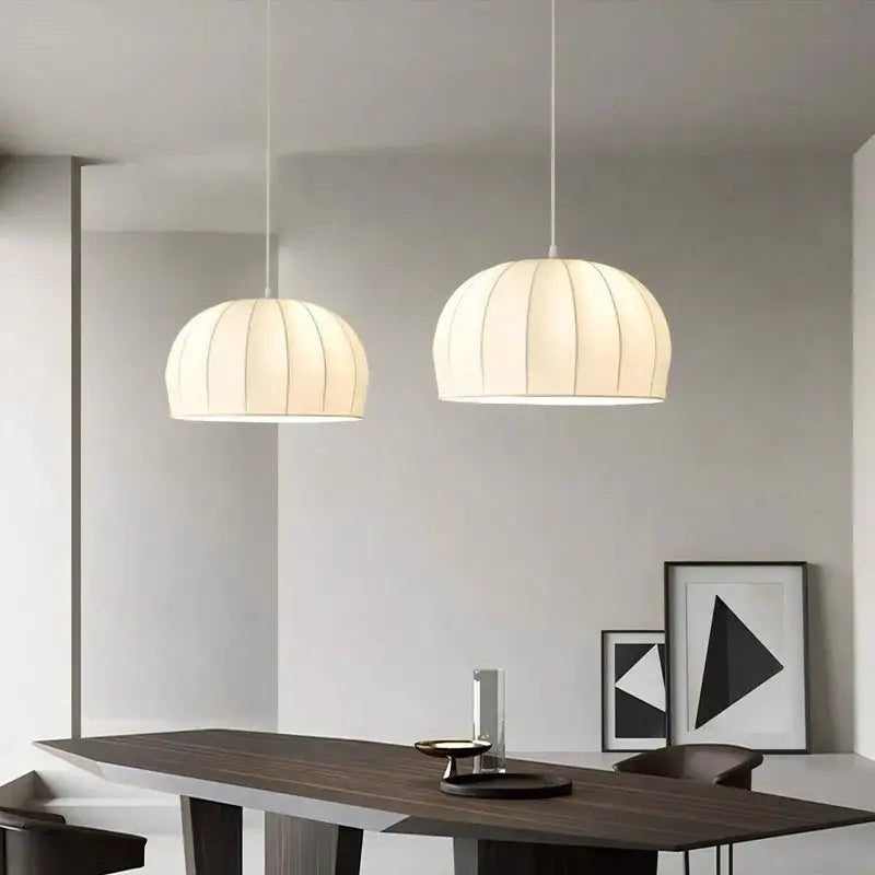 Elegant cream ribbed silk pendant light for dining room