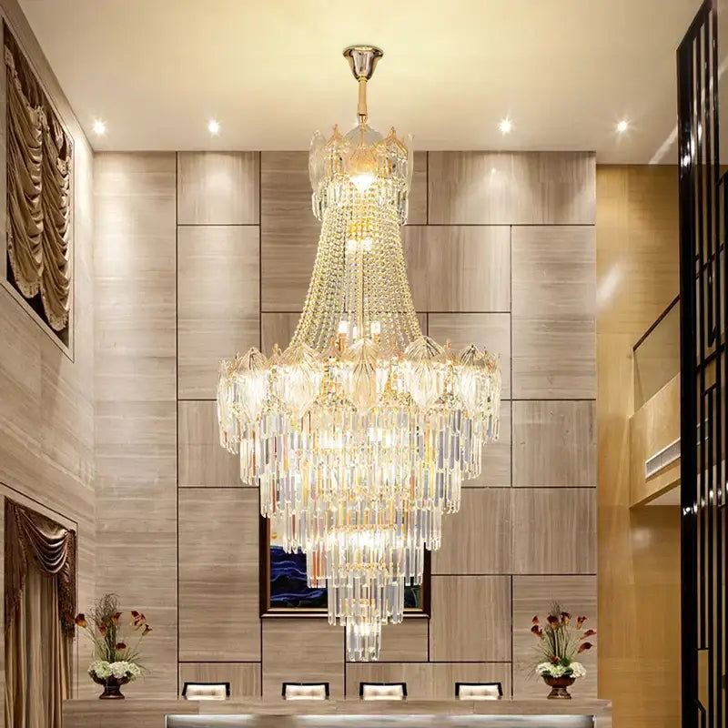 Elegant crystal duplex chandelier gold living room cascading glass