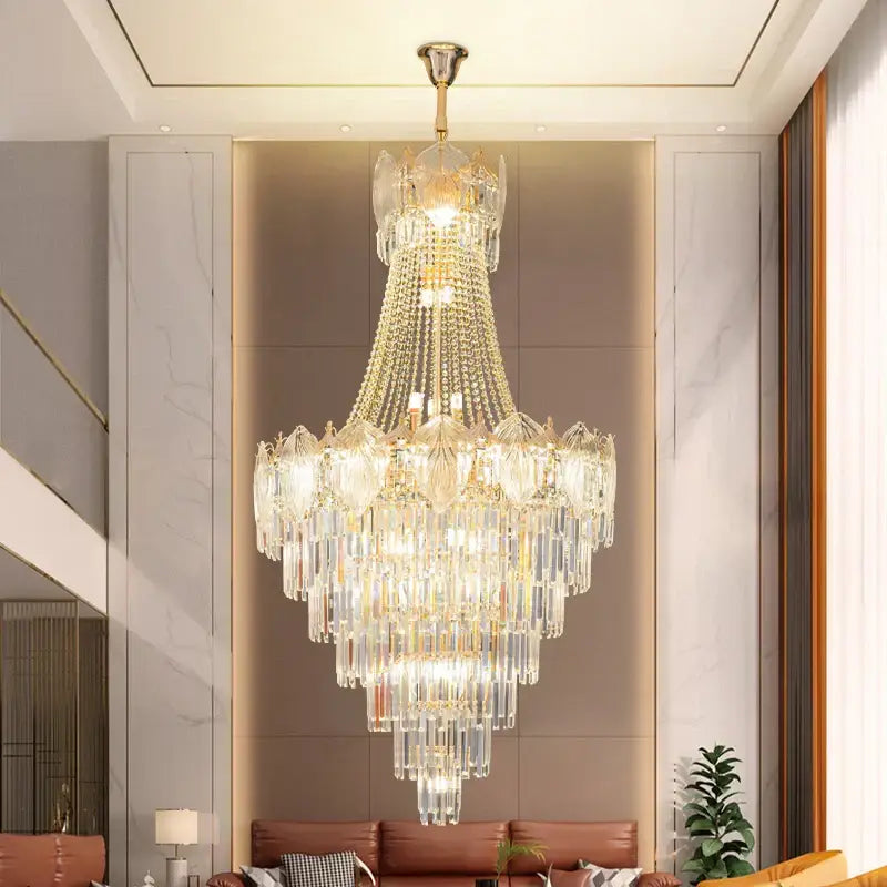 Elegant crystal duplex chandelier gold living room cascading glass