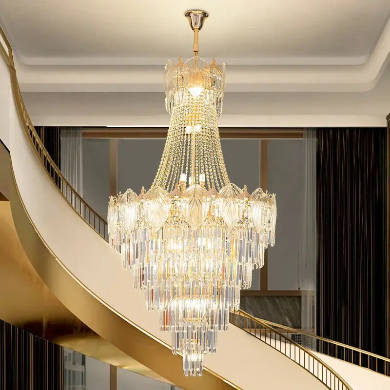 Elegant crystal duplex chandelier gold living room cascading glass