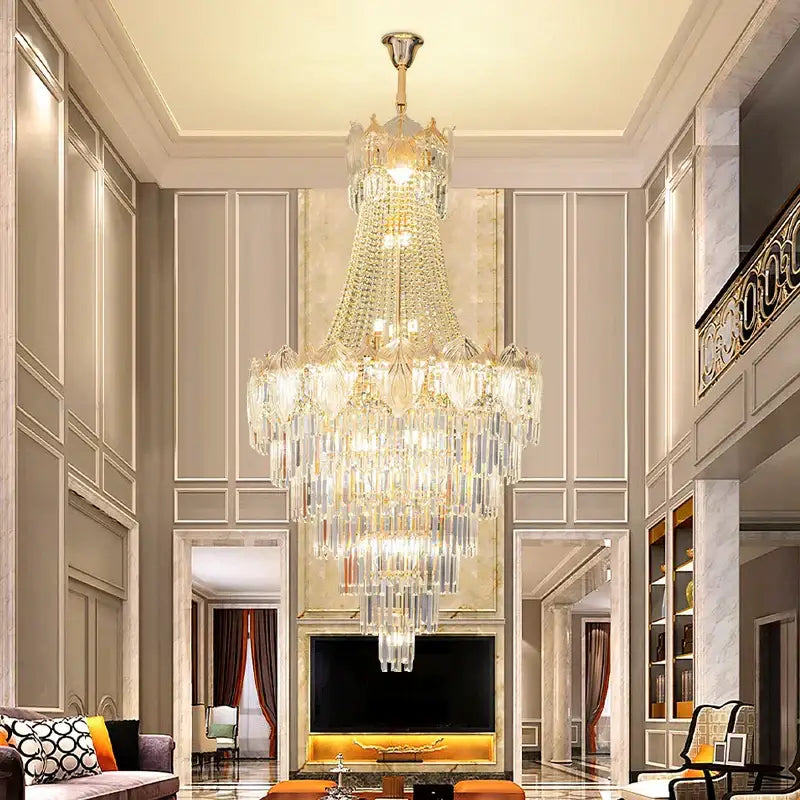 Elegant crystal duplex chandelier gold living room cascading glass