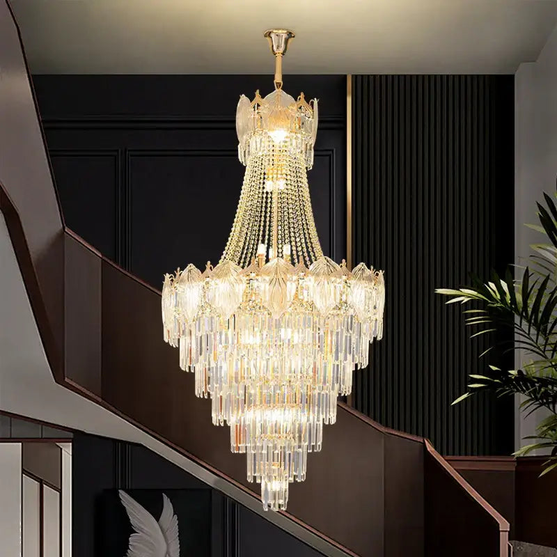 Elegant crystal duplex chandelier gold living room cascading glass