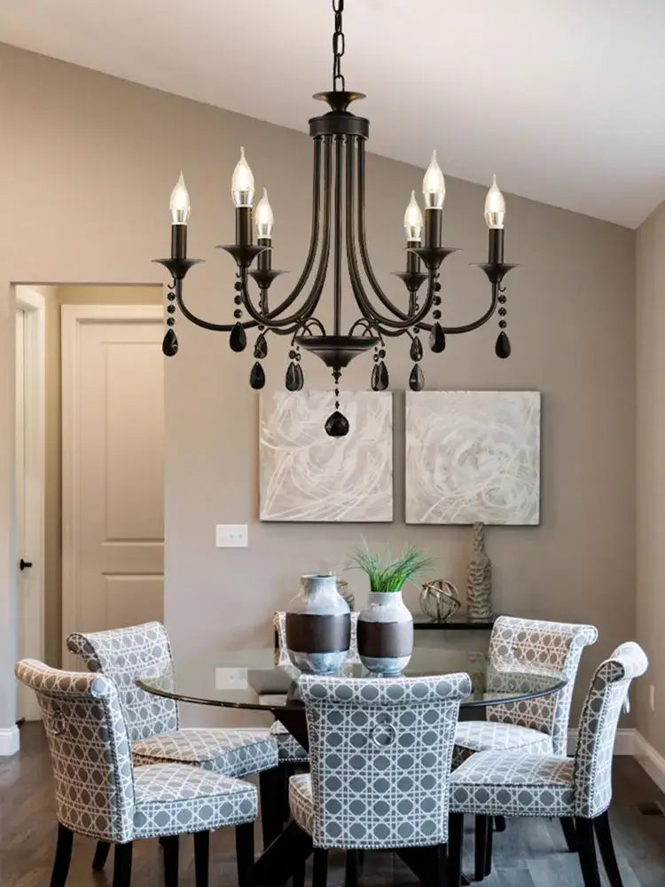 Elegant crystal pendant chandelier black iron 6 light dining room