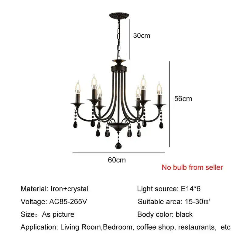 Elegant crystal pendant chandelier black iron 6 light dining room