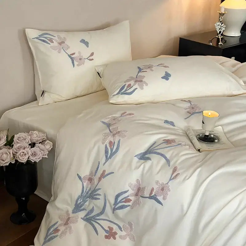 Elegant flower embroidery cream satin bedding set bedroom decor