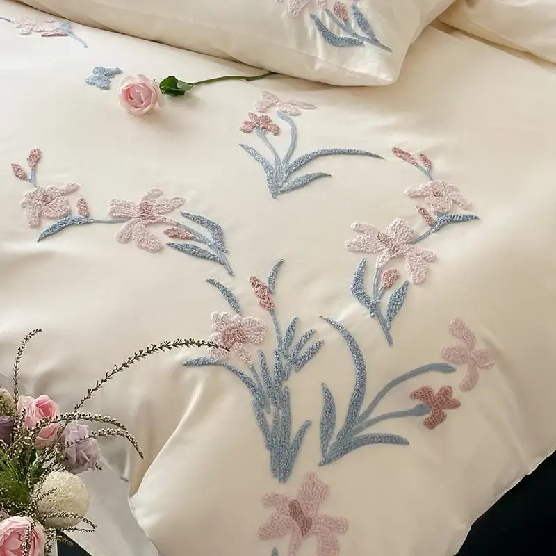 Elegant flower embroidery cream satin bedding set bedroom decor