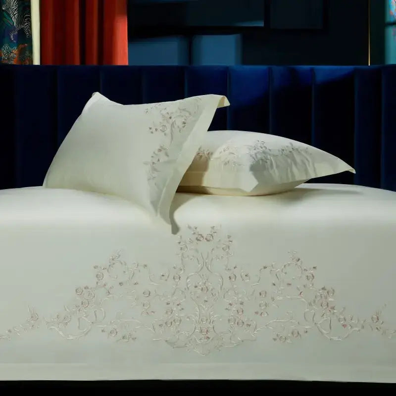 Elegant flowers embroidery cream satin bedding set bedroom duvet cover