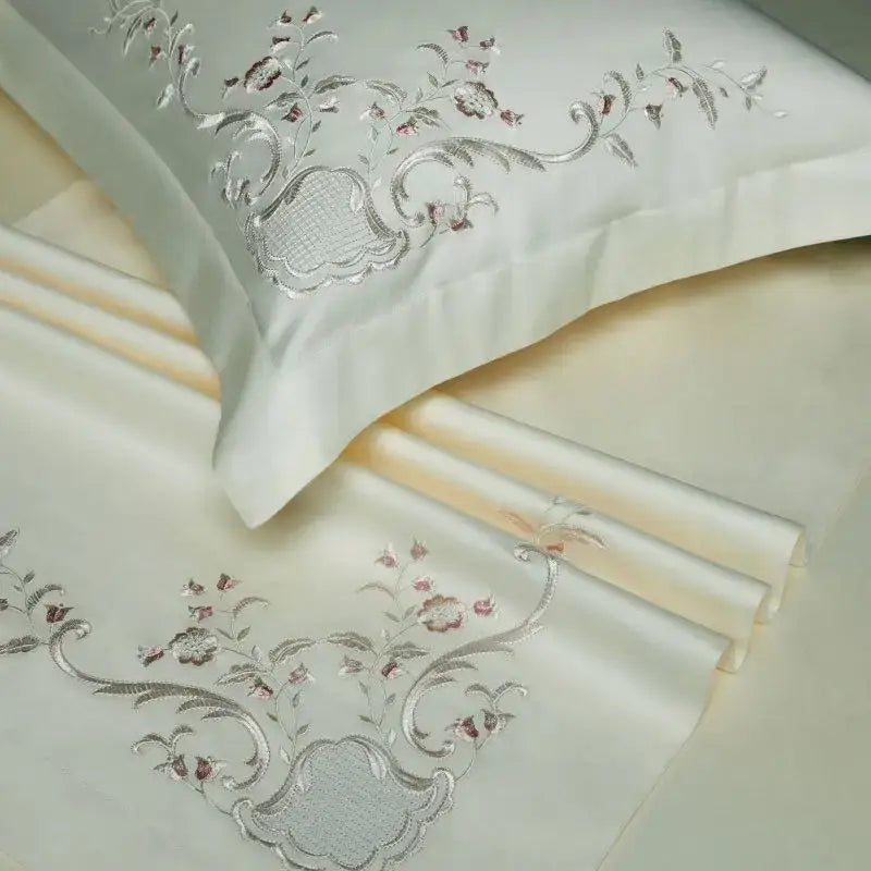 Elegant flowers embroidery cream satin bedding set bedroom duvet cover